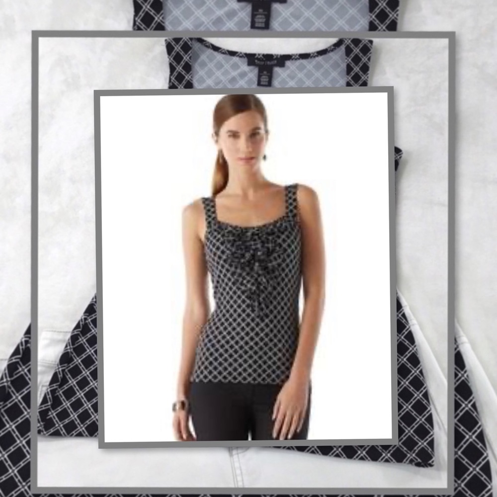 WHBM WOMENS BLACK & WHITE RUFFLED SLEEVELESS TOP XS